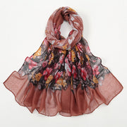 Black Red Flower Print Voile Scarf for Women
