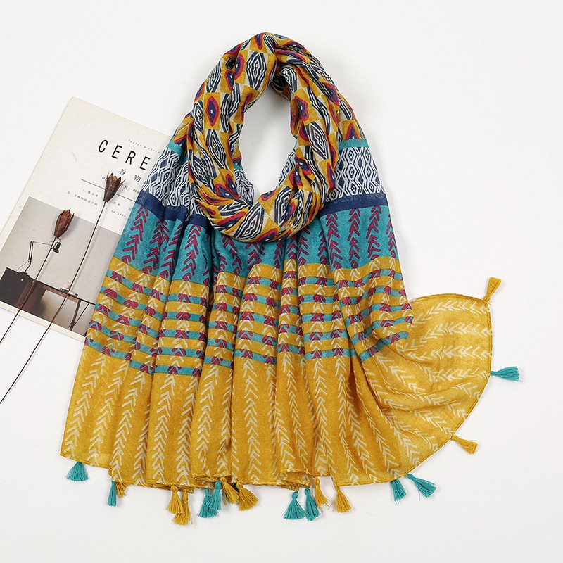 Warm Khaki Orange Voile Cotton Scarf with Tassel