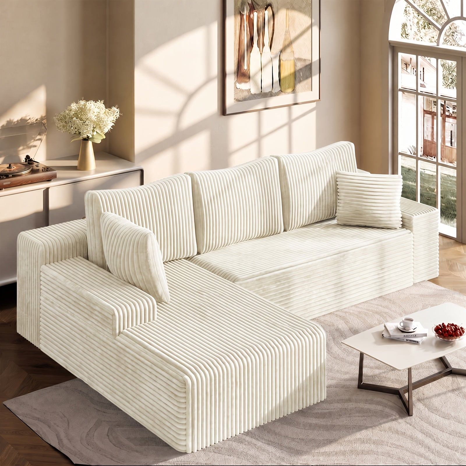 Left chaise L-shaped sectional sofa with memory foam cushions and corduroy upholstery
