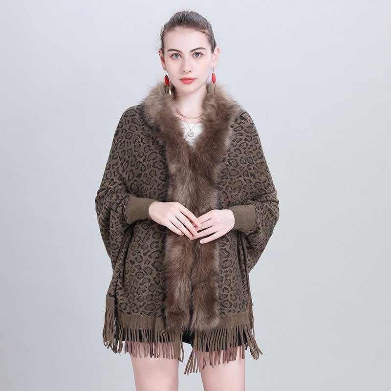 Faux Fur Collar Knitted Shawl for Autumn Winter