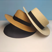 Black Flat Straw Hat for Women, High-Quality Sun Shade