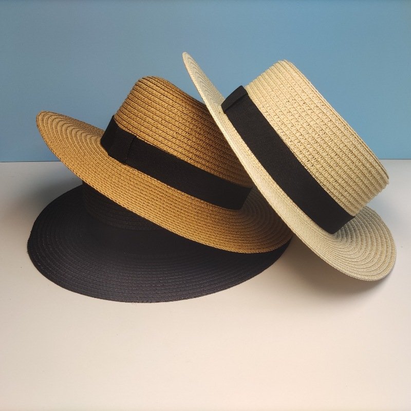 Black Flat Straw Hat for Women, High-Quality Sun Shade