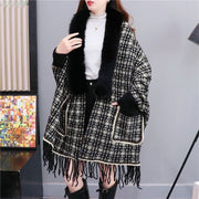 Cozy Plaid Cashmere Cape and Cardigan - Plus Size Tassel Knit