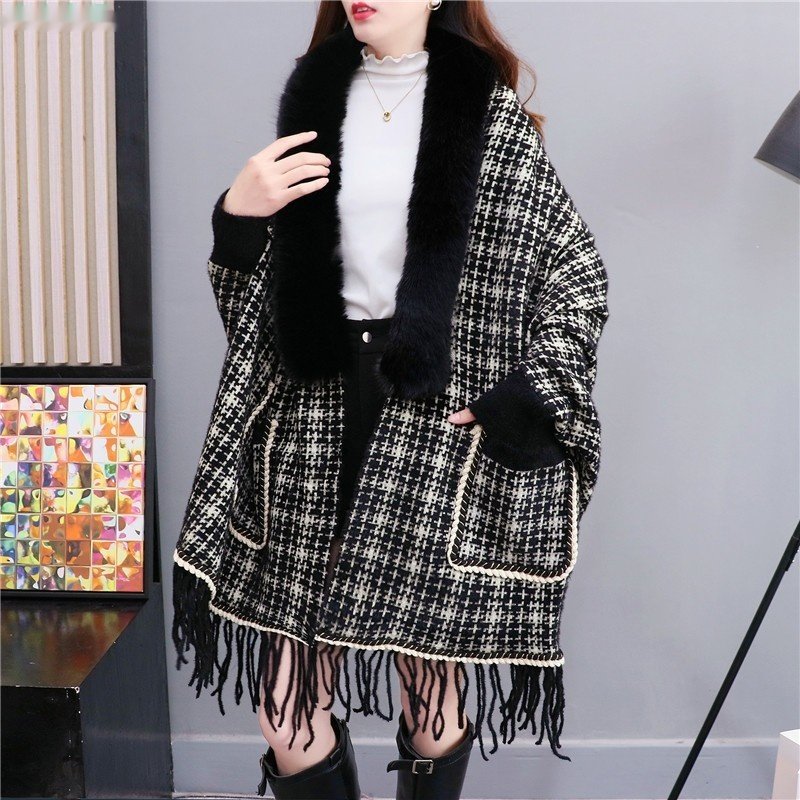 Cozy Plaid Cashmere Cape and Cardigan - Plus Size Tassel Knit