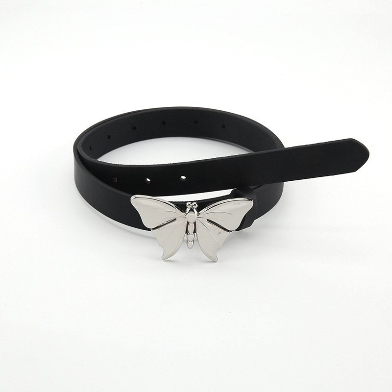 Silver Butterfly Belt for Women, Thick Asian-Style Metal Belt with Snap Button Closure