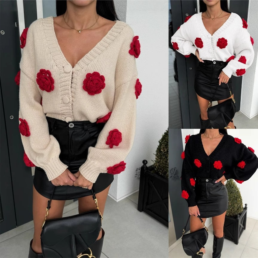 Three-dimensional Women's Flower Shape Loose V-neck Buttons Sweater