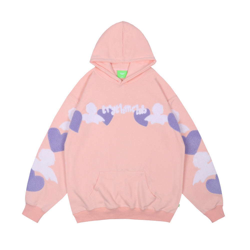 Small Crowd Love Flocking Embroidery Hooded Sweater For Men Loose
