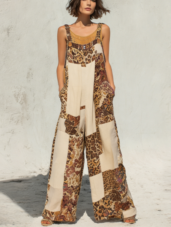 Bohemian Style Patchwork Print Loose Wide-leg Overalls For Women