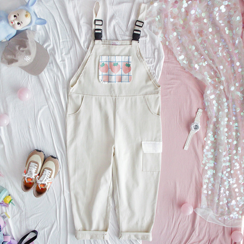 Girly Japanese small cream strawberry high waist jumpsuit