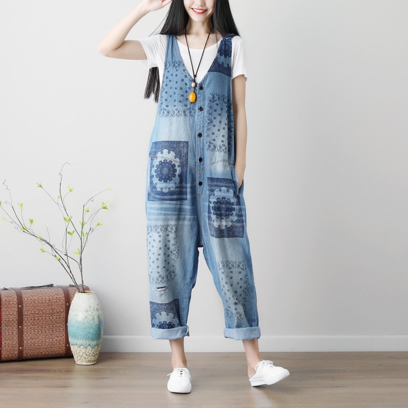 Light Blue Ripped Denim Suspender Pants for Plus Size Women