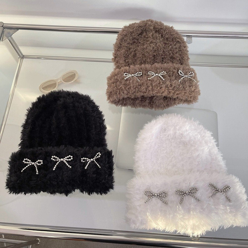 Warm Women's Knitted Bow Plush Bonnet for Fall & Winter