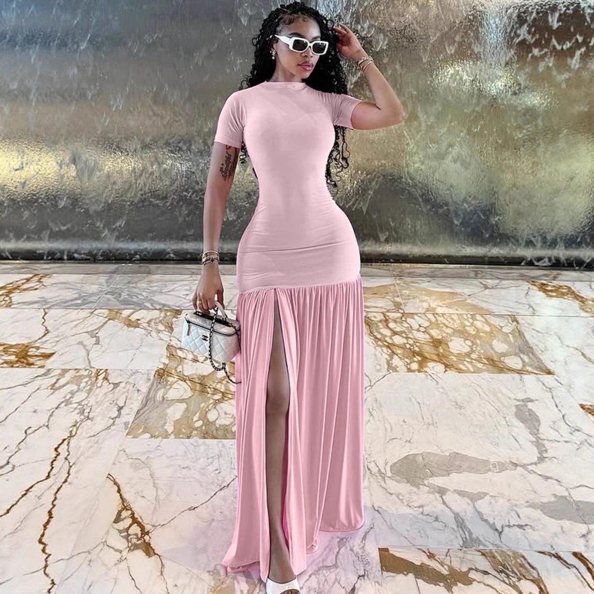 Womens Fashion Elegant Round-neck Slim-fit Slit Dress