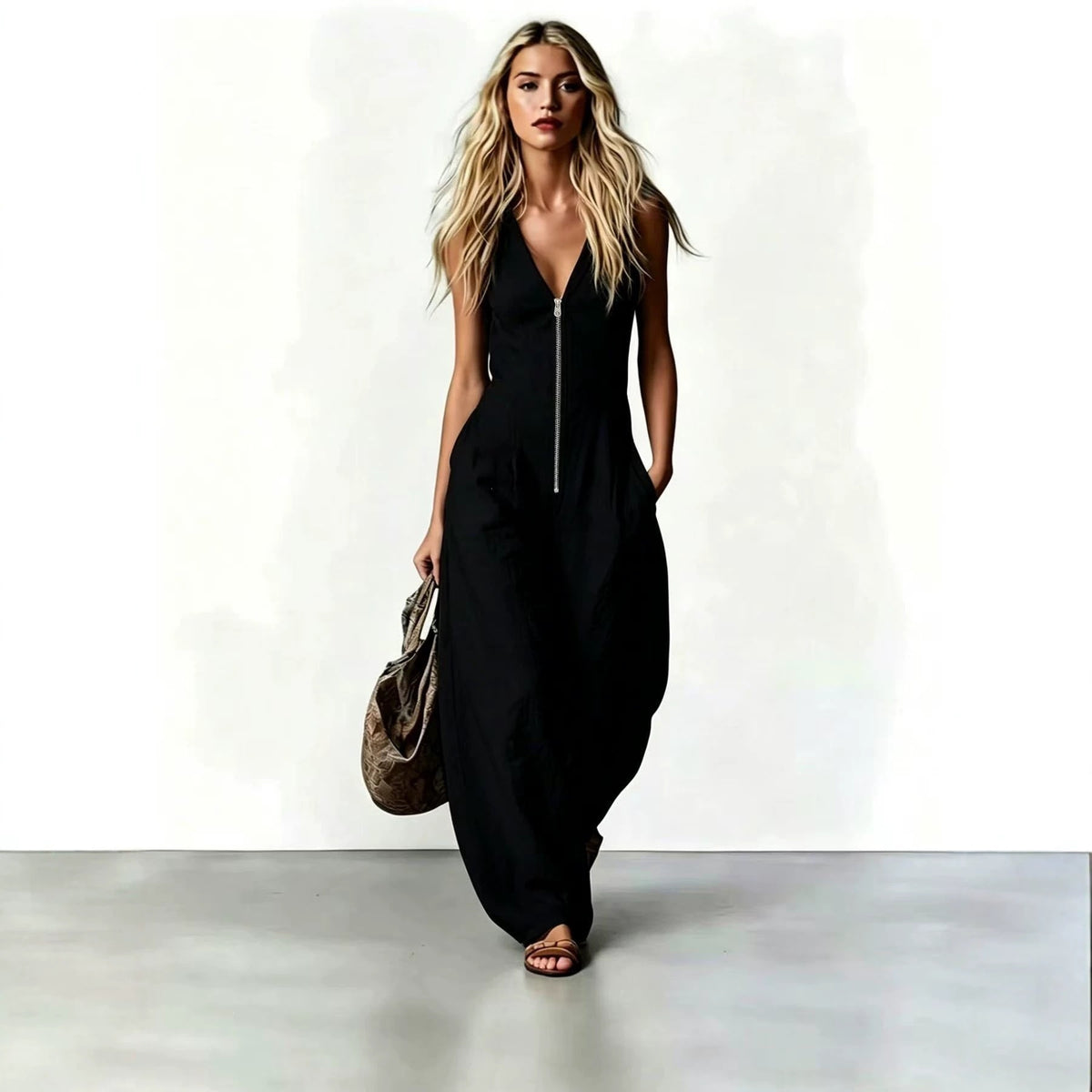 Women's Elegant Sleeveless V-Neck Wide-Leg Jumpsuit