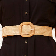 Versatile Beige Straw Woven Belt with Round Buckle