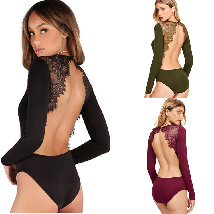 Elegant Lace Panel Long Sleeve Jumpsuit