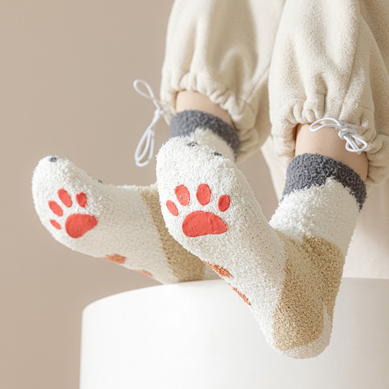 Coral Fleece Socks for Women - Soft & Cozy Cat Pattern