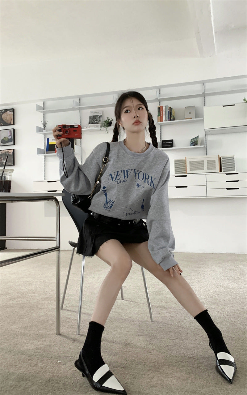 Printed Sweater Early Autumn New Retro Loose All-matching Slimming Top Women's Fashion