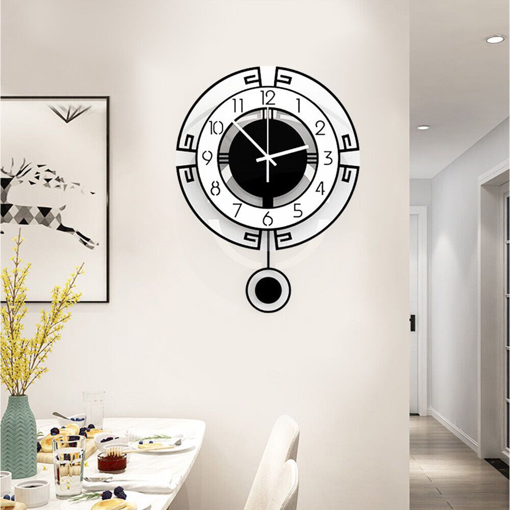 [Durable Construction] Elegant Silent Pendulum Wall Clock - Large Black Acrylic with Roman Numerals, Swinging Design for Living Room, Bedroom, Kitchen, Office - Durable, Easy to Clean, Wall Clock Living Room