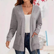 Womens Versatile Solid-color Pocketed Loose-fitting Lightweight Cardigan
