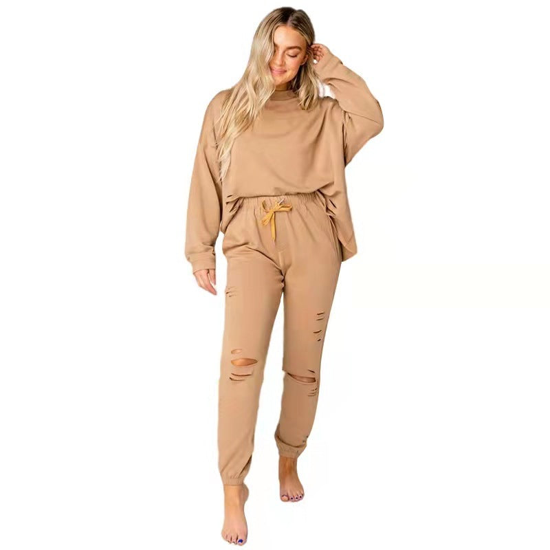 Women's Solid Ripped Pullover & Pants Casual Cotton Lounge Set