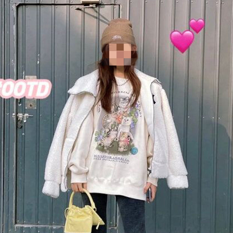 Cute Cartoon Round Neck Loose Mid-Length Cotton Sweater