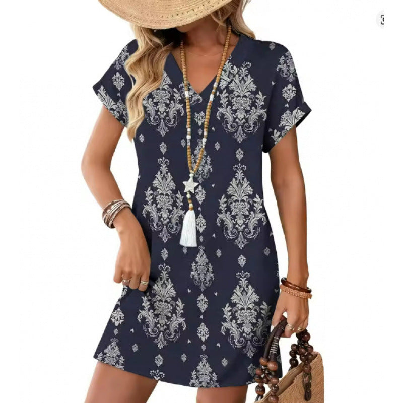 European and American-style Fashionable Printed Loose-fit V-neck Short-sleeve Dress