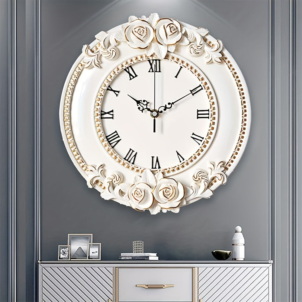 Wall Clock. European Vintage Decorative Wall Clock, Featuring Serene Rose Engravings, Powered By Batteries, With A Beautiful White Clock Adorned With Golden Accents, Suitable For Use In Living Rooms, Dining Rooms, Murals, And Wall Decorations
