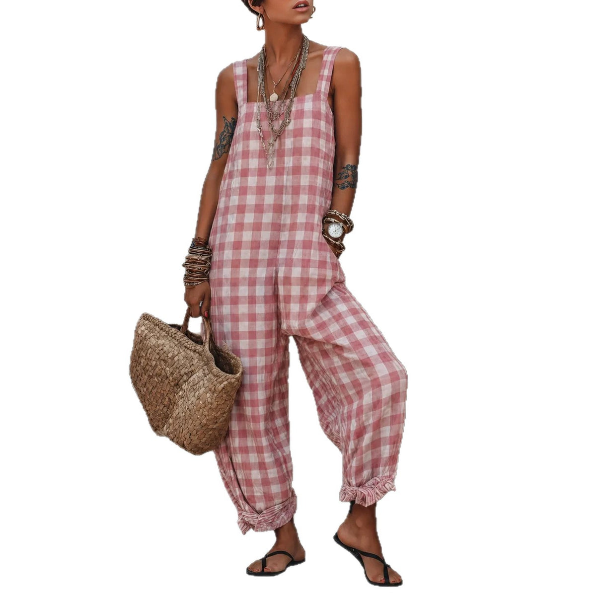 Women's Plaid Sleeveless Wide-Leg Jumpsuit