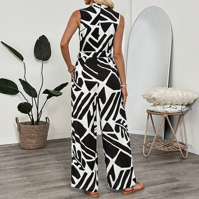 Womens Casual Waist-Cinched Sleeveless Printed V-Neck Jumpsuit