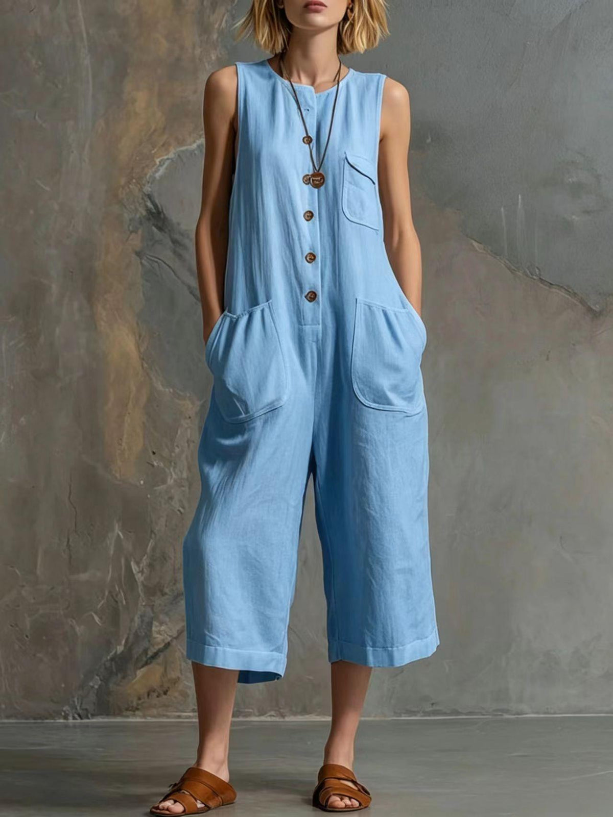 Retro Cotton-Linen Wide-Leg Cropped Jumpsuit