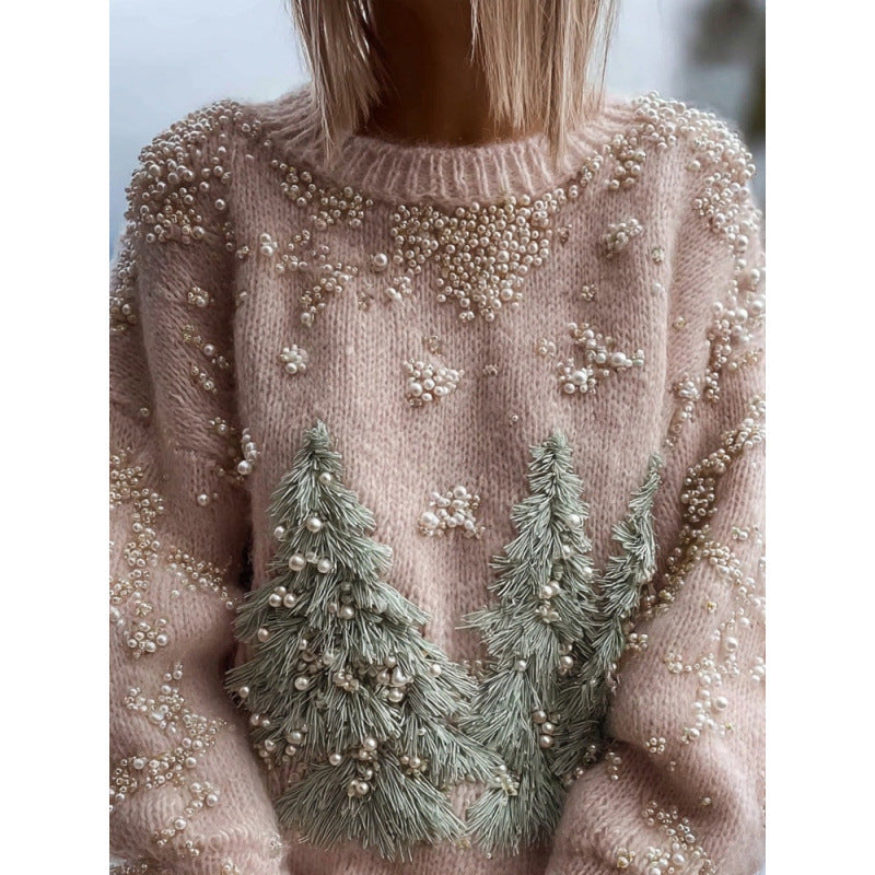 Womens Loose-fitting Pullover Sweater with a Round Neck and Floral Print