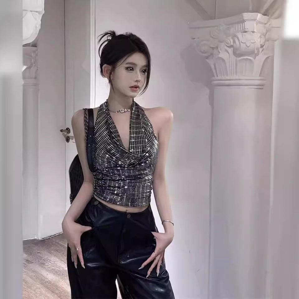 Seductive Spicy Girl Sequin Halterneck Camisole – Slim Fit Party Top