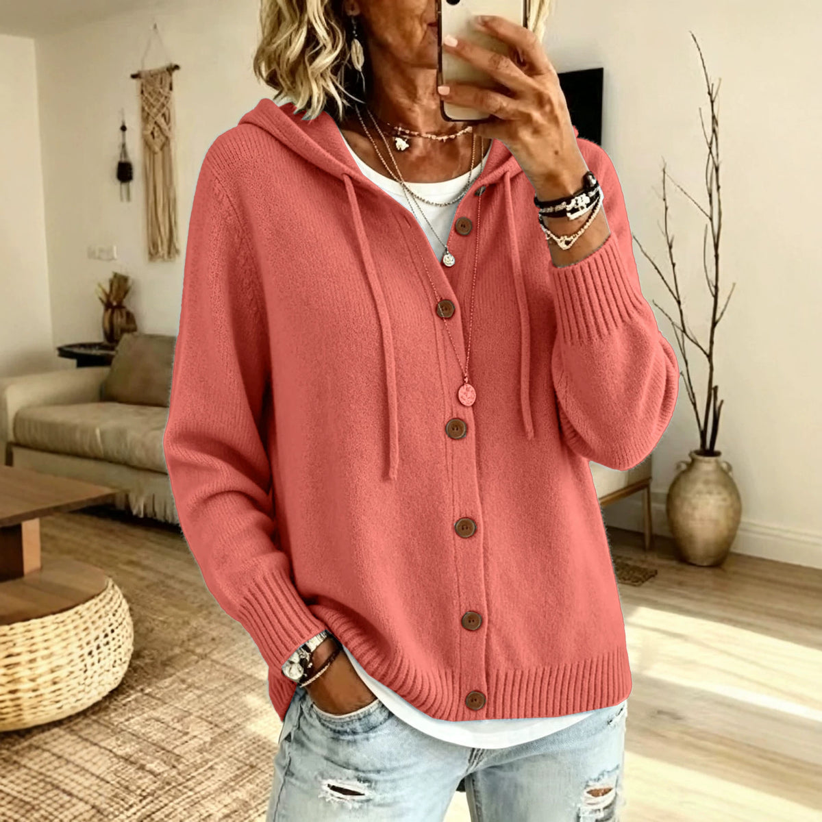 Hooded Drawstring Sweatshirt Cardigan with Knitted Buttons