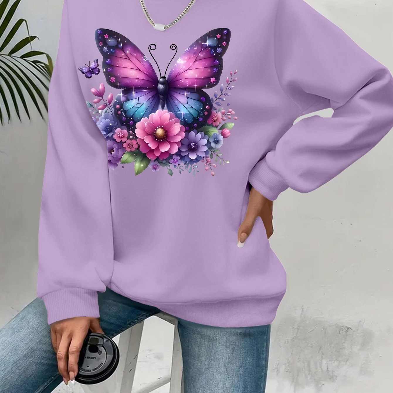 Plus Size Soft Purple‑Blue Butterfly Floral Print Long Sleeve Round Neck Sweatshirt