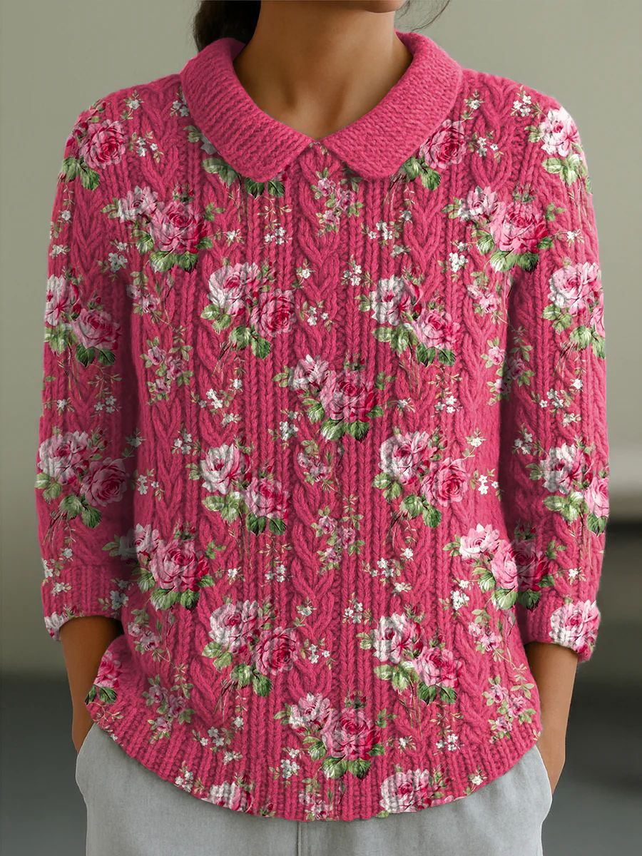 Autumn and Winter New Women's Doll Collar Knitted Jacquard Fabric French Retro Printed Top