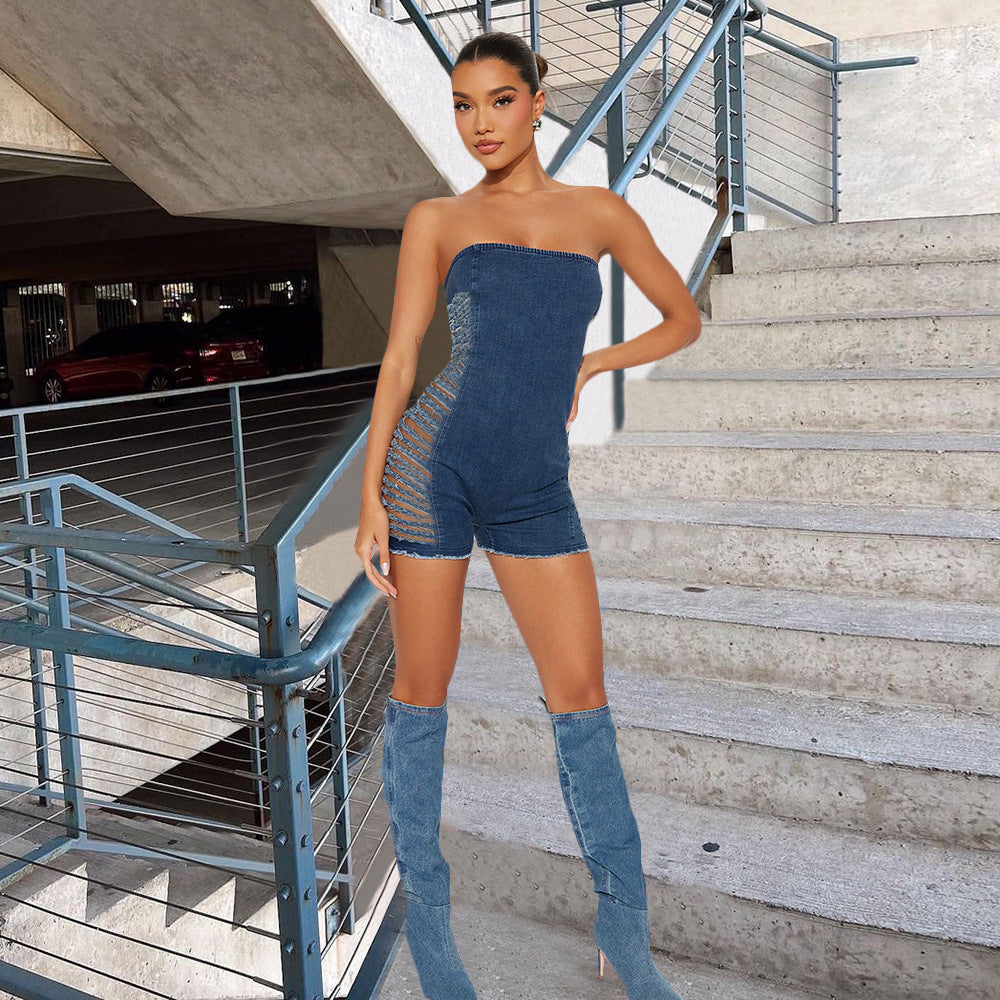 Stretchy Washed Denim Cutout Jumpsuit Romper