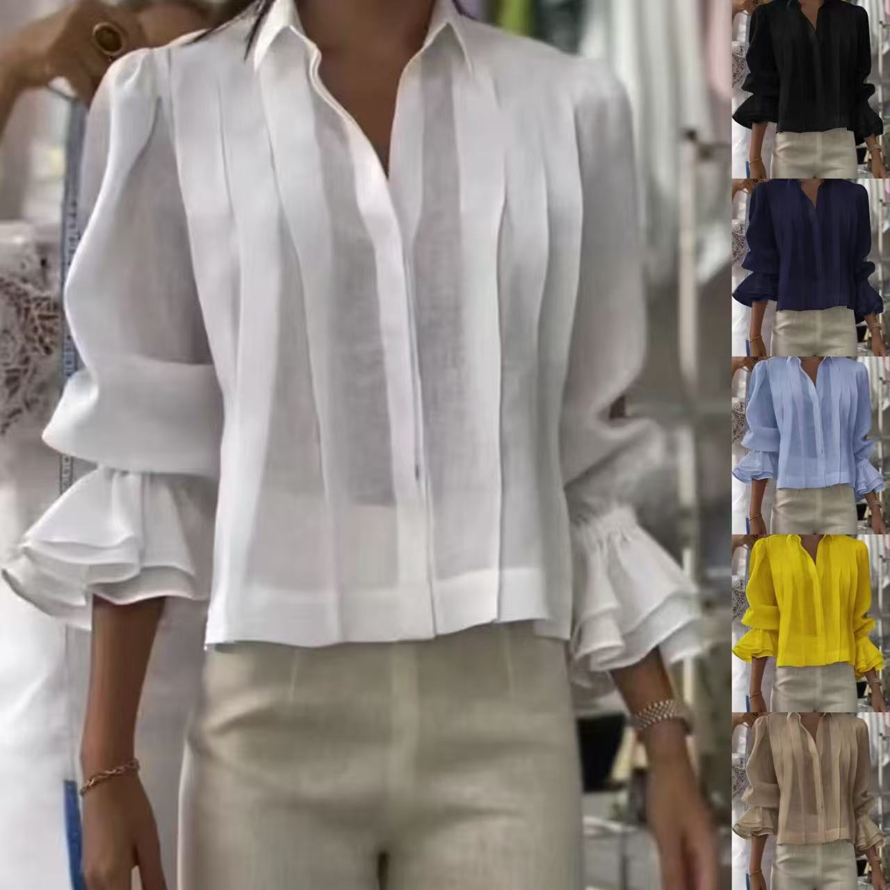 Pleated Solid Color Stitching Short Sleeve Shirt