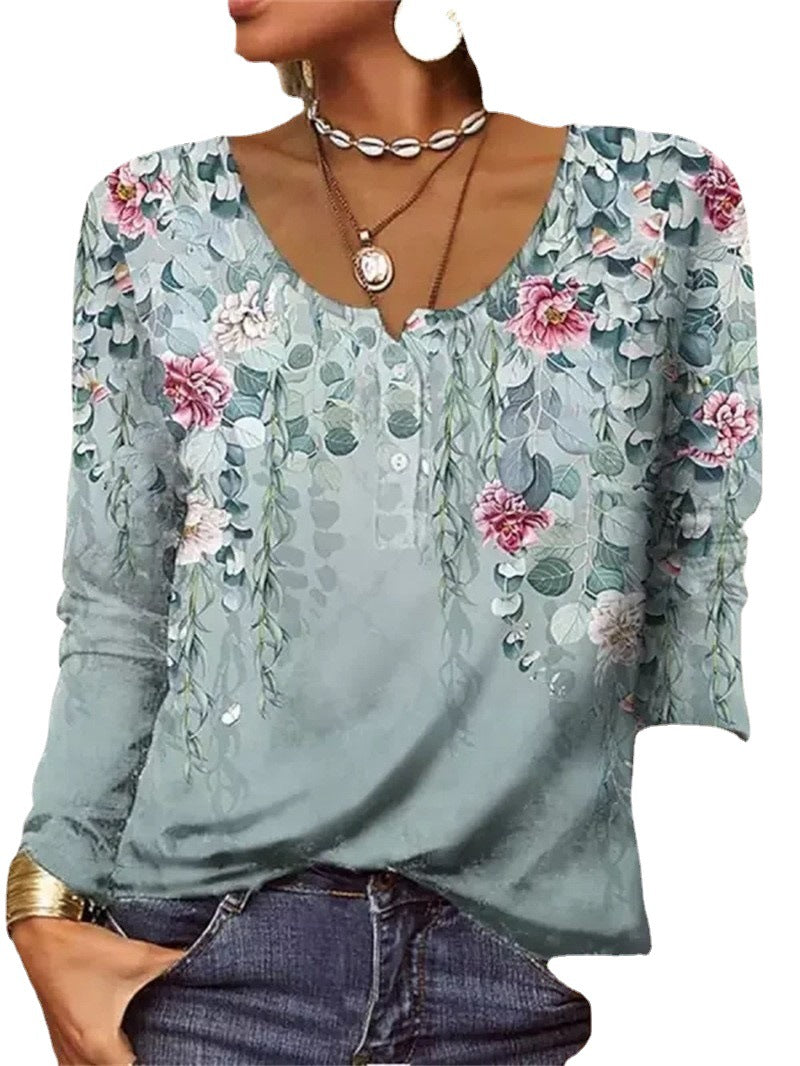 Women's Floral Geometric Long-Sleeve Button U-Neck Top