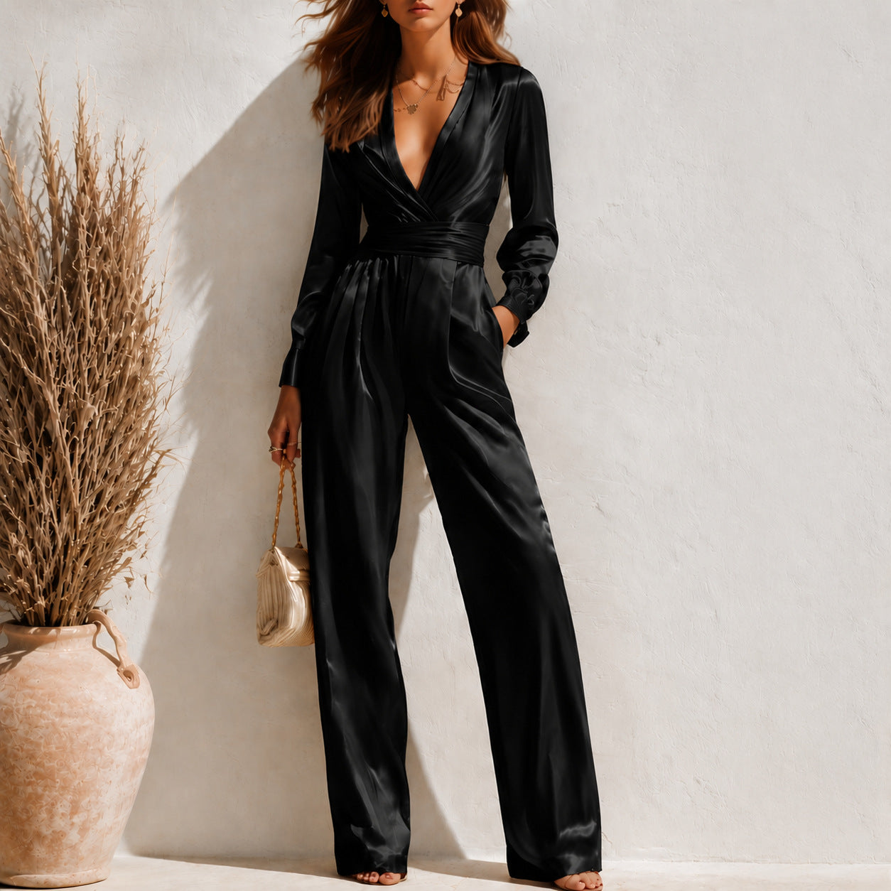 Womens V-neck Long-sleeve Satin Jumpsuit