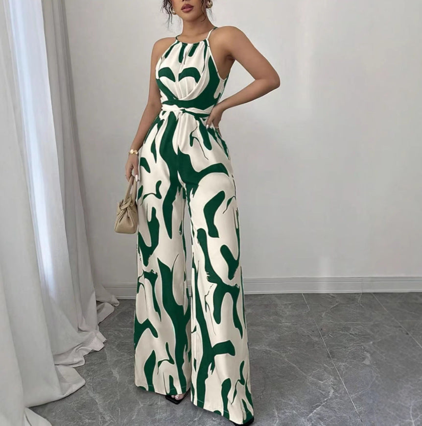 Milk-Stripe Halter-Neck Wide-Leg Jumpsuit