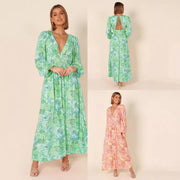 Printed Backless Deep-v Sexy Best-selling Long-sleeve Dress