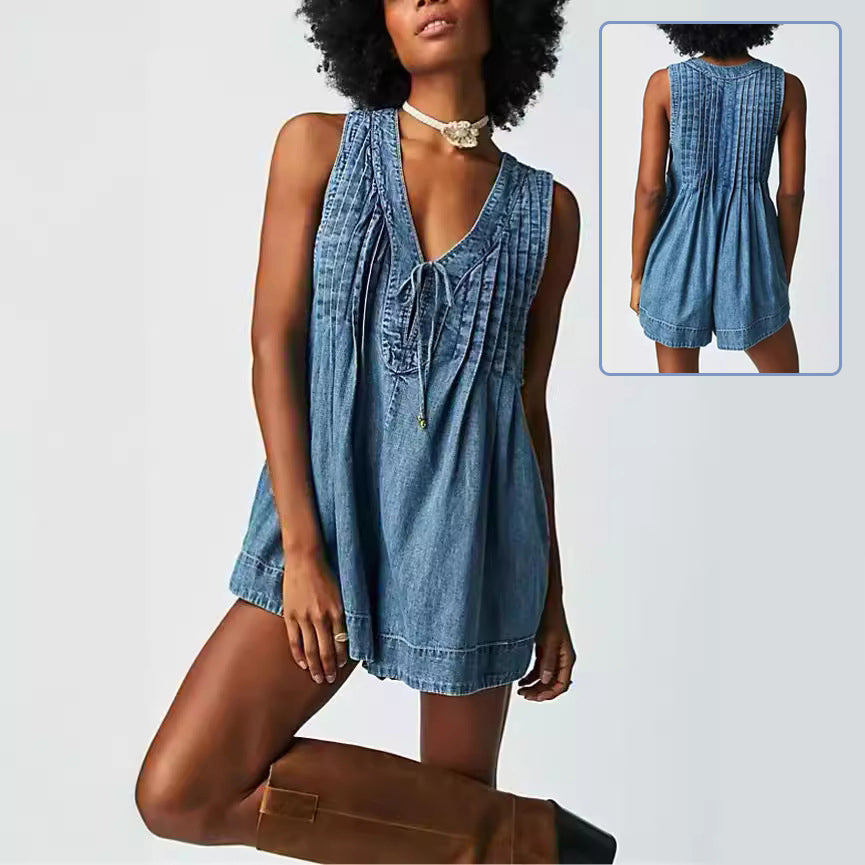Women's V-Neck Denim Romper Casual Sleeveless Shorts Jumpsuit