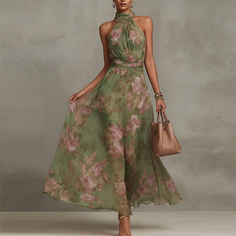 Elegant Summer Halter Neck Sleeveless Printed Long Dress
