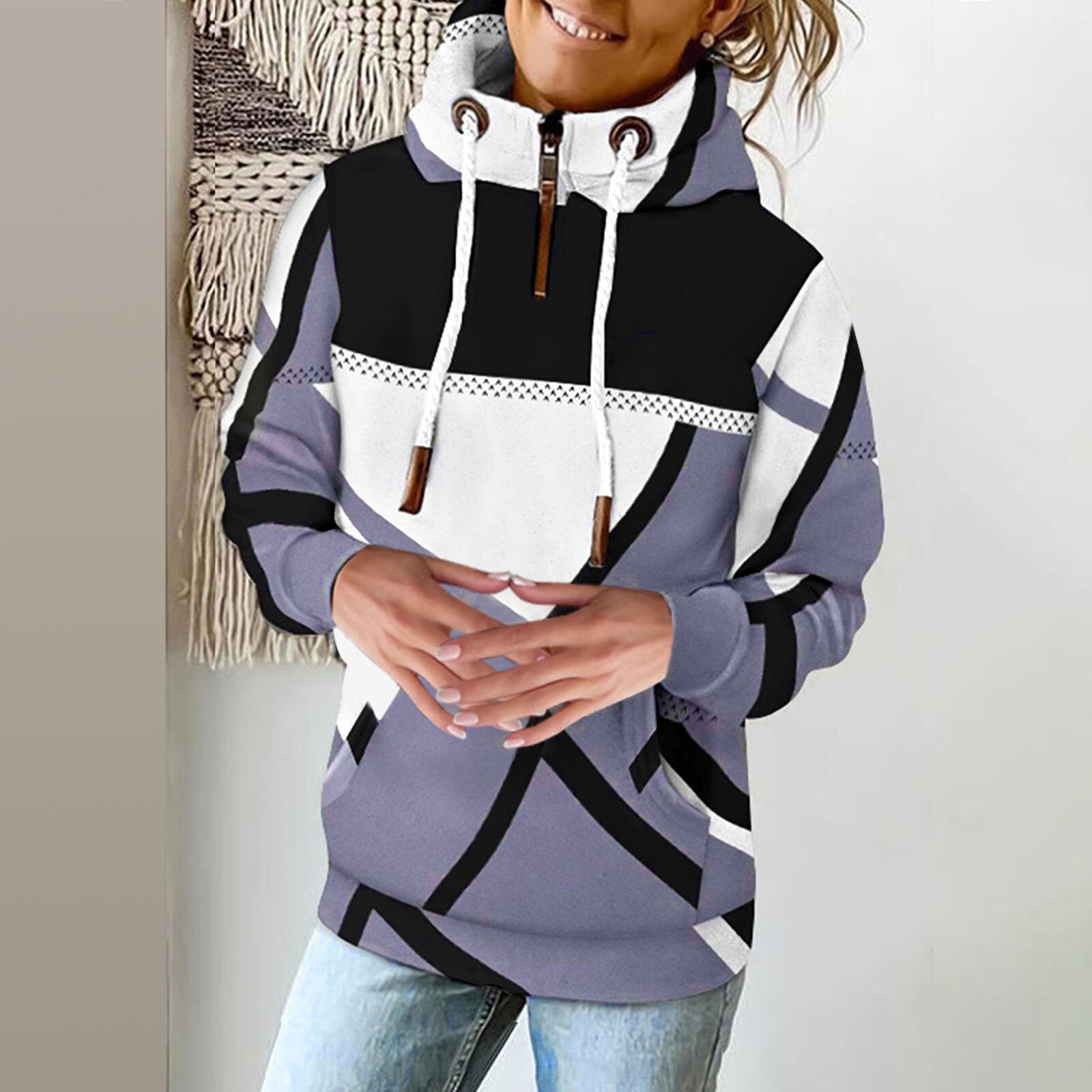 Women's Printed High Neck Fleece Pullover Sweater