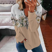 Floral Print Zip-Neck Pullover Sweater