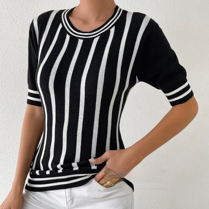 Striped Short‑Sleeve Knit Top – Cozy, Trendy & Versatile