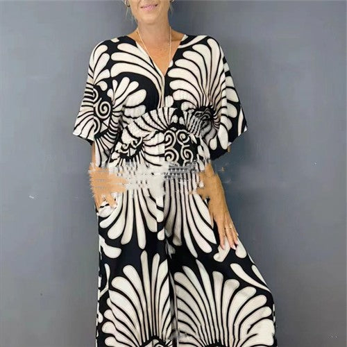 Plus Size V-Neck Printed High-Waist Jumpsuit