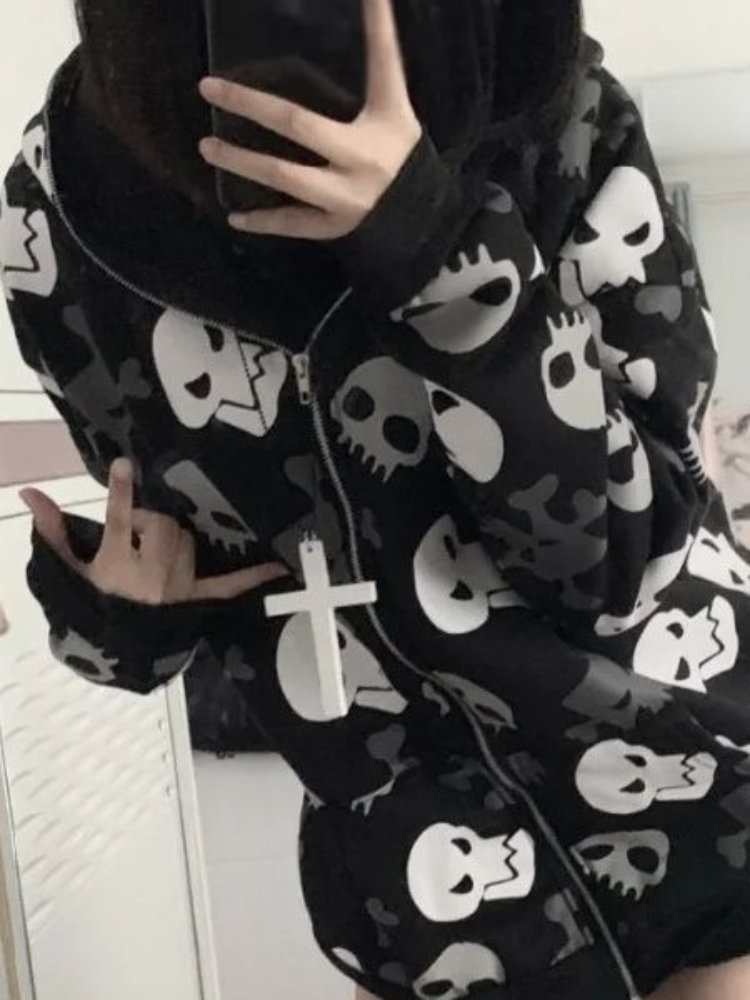 Oversize Skull Zip Hoodie | Edgy Dark Wind Cardigan