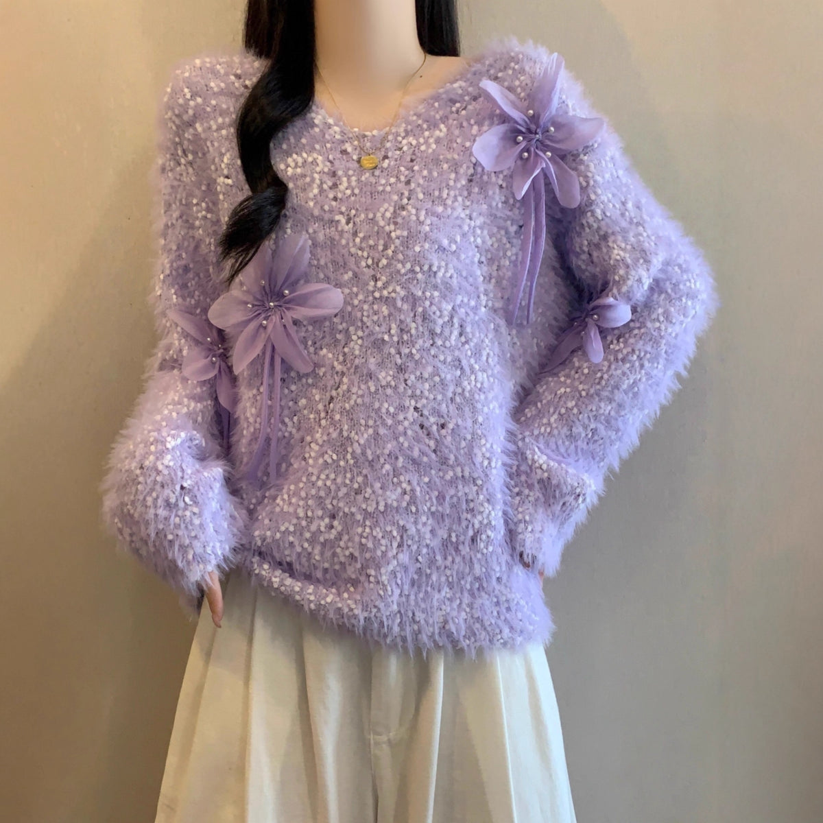 Autumn and Winter Plush Knitted Sweater for Women Sweet 3d Flower Decoration Loose Fit