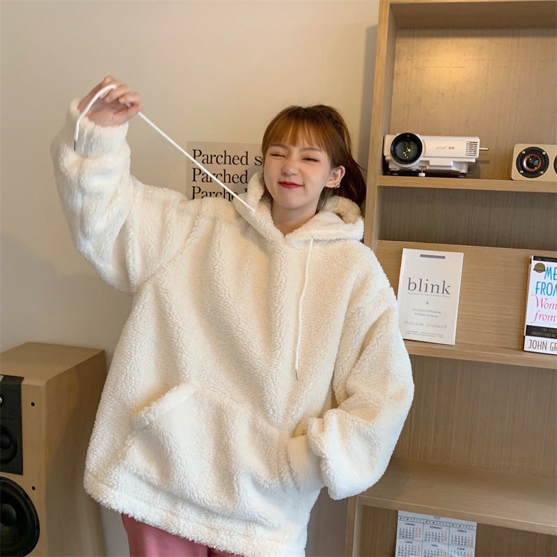 Women's Plus Size Plush Lambswool Hooded Sweater
